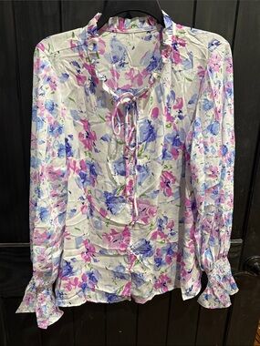 Ruffled Tie-Neck Floral Blouse - Pink, Lavender & White